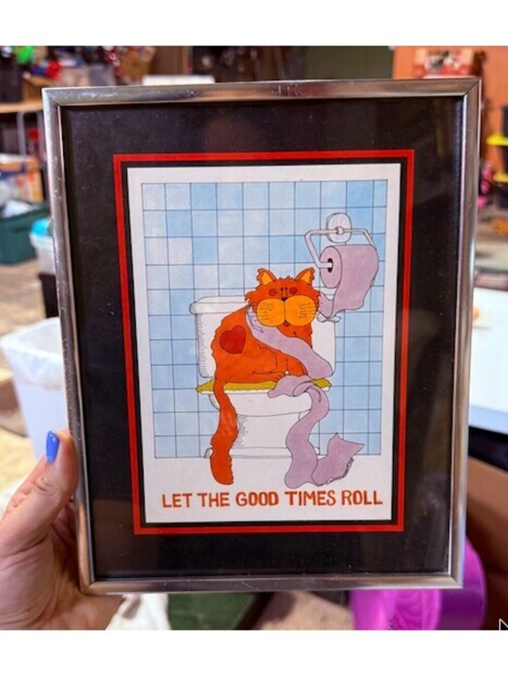 Bathroom cat cartoon Framed Print Art